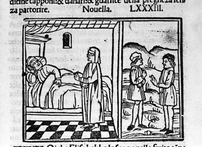 Simone saa Calandrinon ajattelemaan, että hän kantaa lasta vatsassa. Kuva italialaisen kirjailijan Giovanni Boccaccio dit Jean Boccaccion (1313-1375) "Decameronin" uutiseen 83 (uusi 3 yhdeksännestä päivästä). Kaiverrus "" Decamerone ouer Cento nouell tekijältä Italian School
