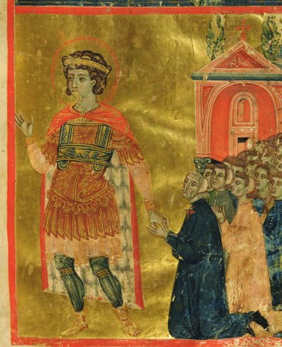 Jotkut veljet rukoilevat Pyhälle Theodorelle, Mariegolasta vuodelta 1350 (mustetta ja kultalehtiä perunakalvolla) tekijältä Italian School