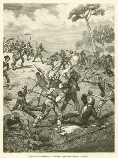 Saprin retkikunta (1857), Pisacane Raivokkaiden talonpoikien kimppuun (kaiverrus) tekijältä Italian School