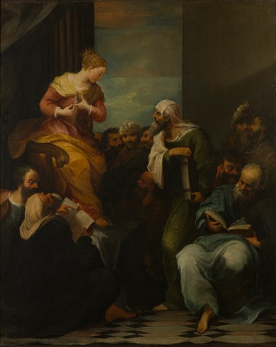 Pyhä Katariina kiistelee tuomareiden kanssa, n. 1650-1710 (öljy kankaalle) tekijältä Italian School