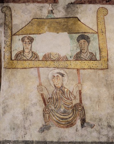 St. Proculus keinumassa köydellä, yksityiskohta freskoista (8. vuosisata), Pyhän Proculuksen kirkko, Naturno, Val Venosta, Trentino-Alto Adige, Italia tekijältä Italian School