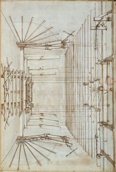 Lavakoneet oopperoita varten San Salvatore -teatterissa Venetsiassa, 1675 (kynän ja musteen pesu paperille) tekijältä Italian School