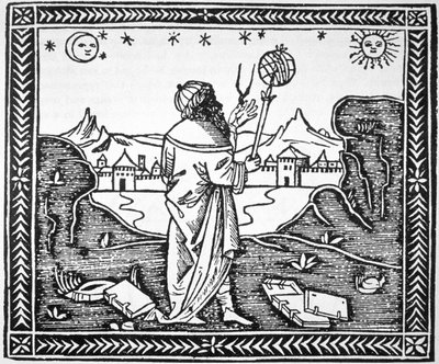 Astrologi Albumasar (787-885) kopio kuvasta hänen Introductorium introductoriumistaan Astronomiamissa, Venetsiassa 1506, jota käytettiin 1800-luvun lopulla julkaistussa Taikuuden historiassa. tekijältä Italian School