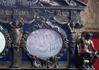 Farnese-arkku, yksityiskohta soikeasta upotekoristeesta, joka kuvaa Bacchuksen voittoa, Sebastiano Sbarri (fl.1548-61) ja Giovanni Bernardo da Castel Bolognese tekijältä Italian School