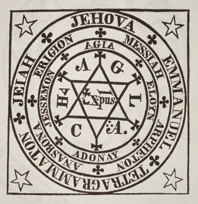 Agrippan suuri taikapiiri demonien herättämiseksi, kopio Les Oeuvres Magiques de Henri Corneille Agrippan piirroksesta, Rooma 1744, käytetty Taikuuden historiassa, julkaistu 1800-luvun lopulla tekijältä Italian School