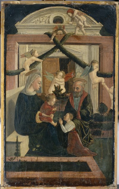 Pyhä perhe lahjoittajien kanssa rukouksessa ja enkeleitä leikkimässä, n. 1460 (tempera mäntyllä) tekijältä Italian School