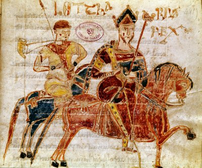 Frankien kuningas ja sitten Lotharia I (9. vuosisata) Miniatyyri Codex Legum Longobardorumista (tai Langobardorumista), joka kuvaa kuningas Rotharin perustaman Lombard-valtakunnan lakeja tekijältä Italian School