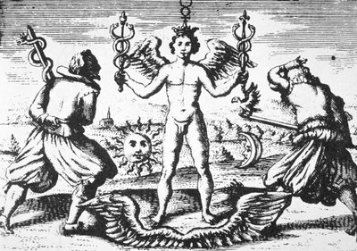 Filosofien Merkurius, Giovanni Battista Nazarin (1589) Della Tramutatione Metallicasta, kuvattuna 1800-luvun lopulla julkaistussa taikuuden historiassa tekijältä Italian School