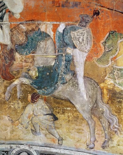 Helmikuun kuukausi, yksityiskohta ritarista turnauksessa, n. 1400 (fresko) tekijältä Italian School