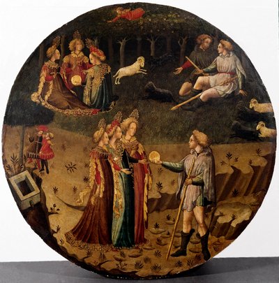 Pariisin tuomio. Paimen Parisin on valittava, kenelle hän antaa kultaisen omenan, joka suunnittelee kolmesta jumalattaresta kauneimman, Athenan, Afroditen tai Heran. 1400-luvun Firenzen italialaisen koulukunnan maalaus, Museo Nazionale del Bargello tekijältä Italian School