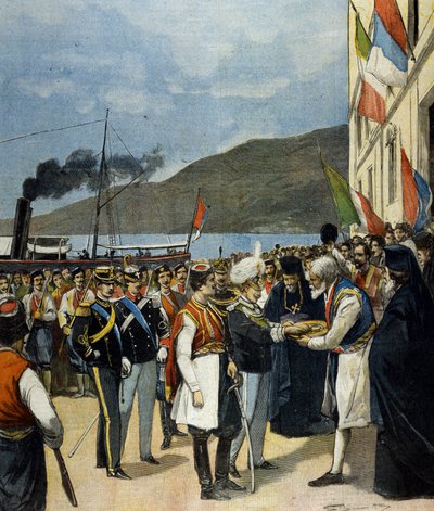 Napolin prinssi - silloin Victor Emmanuel III (Victor-Emmanuel) (Vittorio Emanuele) - vastaanottaa Rijekassa perinteen mukaan leipää ja suolaa Helene de Montenegron suvulta. tekijältä Italian School