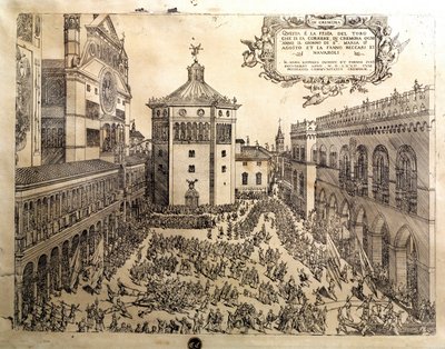 Härkäjuhla Cremonen suurella aukiolla (Cremona) Italiassa. Kaiverrus 1500-luvun Cremonasta, Museo Civico Italiasta tekijältä Italian School