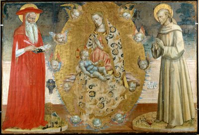 Neitsyt ja lapsi Saint Francoisin ja Saint Jeromen kanssa Puumaalaus italialaisesta koulusta 1300-luvulla. Musee du Peinture Palais, Avignon tekijältä Italian School