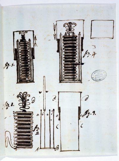 Voltaic-paalu (akku). Piirros Alessandro Voltan (1745-1827) kirjeestä Dieudonne Dolomieulle (1750-1801) galvanismista, 1801 (kynä ja muste paperille) tekijältä Italian School