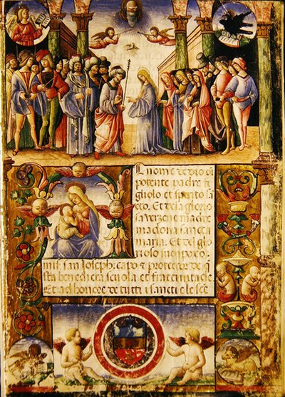 Neitsyen kihla, Pyhän Joosefin ja Pyhän Sylvesterin maallikkokillan Mariegolasta, 1315 (muste persulla) tekijältä Italian School
