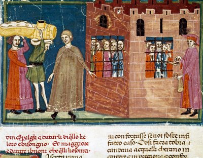 Aterioiden jakaminen vangeille Firenzen koulun pienoismalli otettu Ser Zucchero Bencivennin (MS.II.VI 16) 1300-luvun alun "Pater nosterin" lisäpainoksesta Firenze, kansalliskirjasto tekijältä Italian School