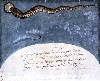 Mogoli-intiaanien kuvittelema kuunpimennys (käärme, joka syö kuun) Sivu otettu Stefano Nivibus Cardeiran käsikirjoituksesta (ms.8300) "Mogolin historia" (Moghul tai Moghol). 1700-luvulla. Bibloteca marciana, Venetsia tekijältä Italian School