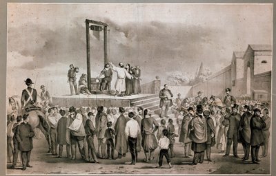 Felice Orsinin (1819 - 1858) ja Pierin teloitus 13.3.1858, jotka suorittivat 14. tammikuuta 1858 hyökkäyksen Napoleon III:ta vastaan Place de la Roquette -aukiolla Pariisin litografiassa 1800-luvun lopulla. Milanon Museo del Risorgimento tekijältä Italian School