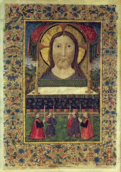 Arciconfraternita del SS:n neljä vartijaa. Salvatore polvistui Kristuksen kasvojen edessä (vellum) tekijältä Italian School
