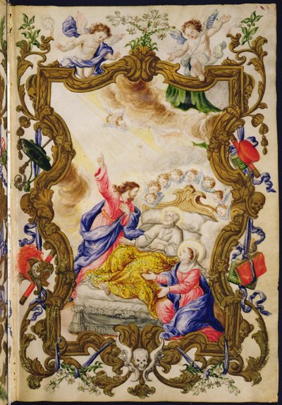 Kristityn hyvä kuolema Buona Morten maallikkokillan Mariegolasta, n. 1712–1714 (muste vellum) tekijältä Italian School