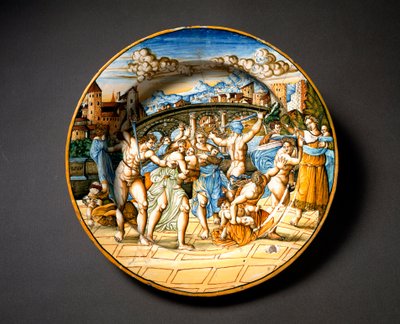 Viattomien verilöyly. Keraaminen levy valmistettu Urbinossa Italian Fontanan työpajassa. 1566 Firenzen ympärillä, Museo Nazionale del Bargello tekijältä Italian School
