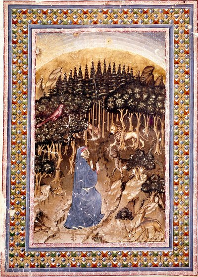 Runoilija Dante löytää itsensä pimeästä metsästä. Helvetin ensimmäisen kappaleen valaistu sivu on peräisin Dante Alighierin (1265-1321) "Divina Commediasta" (Divine Comedy). Käsikirjoitus Ms. Conv. Soppr. 204 tekijältä Italian School