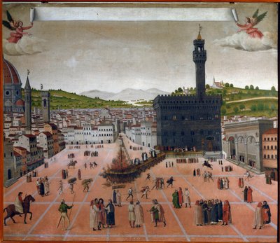 Girolamo Savonarolan torni Piazza della Signorialla Firenzessä vuonna 1498 (maalaus) tekijältä Italian School