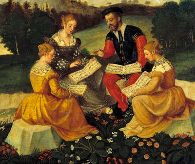 Laulukonsertti Painting of the Italian School. 16. vuosisata. Bourges, Hotel Lallemant - Bukolinen konsertti. Italian koulun maalaus. 16. vuosisata. Hotel Lallemant, Bourges, Ranska tekijältä Italian School