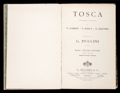 Nimisivu, Libretto della Tosca, kirjoittanut Giacomo Puccini, Ricordi Edition, Italia tekijältä Italian School