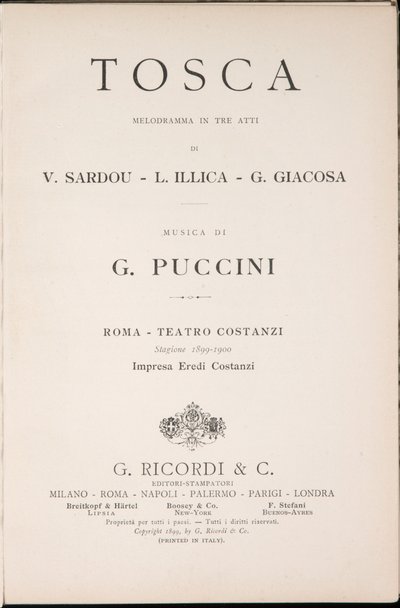 Nimisivu, Libretto della Tosca, kirjoittanut Giacomo Puccini, Ricordi Edition, Italia tekijältä Italian School