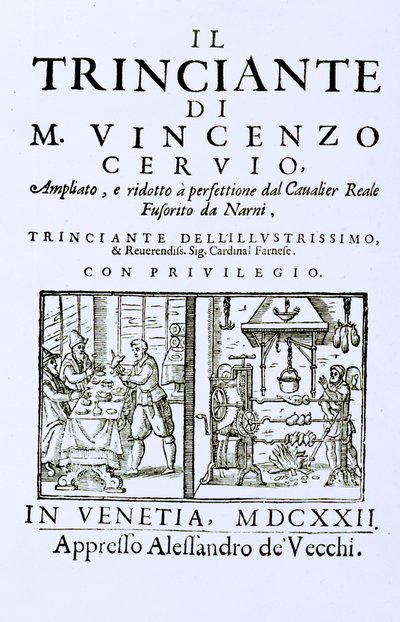 Italialaisen keittokirjan otsikkosivu, pubi. Venetsia, 1622 tekijältä Italian School