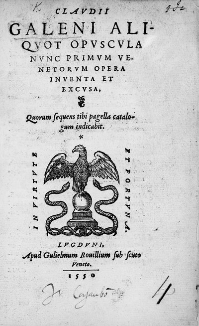 Nimisivu Claudius Galenille: Kokoelma Claudius Galenin teoksia, julkaistu vuonna 1550 (painos) tekijältä Italian School