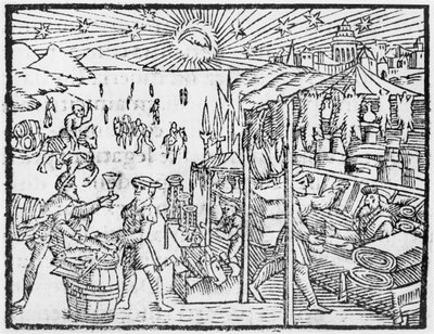 Kauppa Skandinaviassa, kuvitus Olaus Magnuksen (1490-1558) teoksesta Northern Nations History, julkaistu Roomassa, 1555 tekijältä Italian School