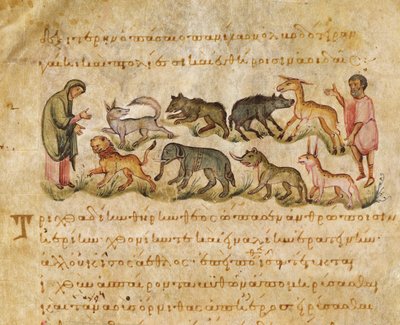 Tutkielma monista maan päällä elävistä eläinlajeista, kuvitus Oppianin Cynegeticasta (tempera vellum) tekijältä Italian School