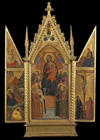 Triptyykki - Neitsyt ja lapsi kahdeksan pyhän valtaistuimella, n. 1330-70 (tempera paneelissa) tekijältä Italian School