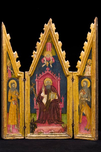 Triptyykki: Pyhä Antonius Abbot Enthroned, Pyhä Paavali erakko ja Pyhä Onofrius, 1400-luvun puoliväli (tempera paneelille). tekijältä Italian School