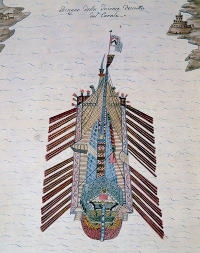Trireme (laiva kolmella airopenkillä), tutkielmasta merimiliisistä, Cristoforo Canalin varrella (1510-1562), Italia tekijältä Italian School