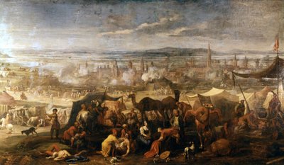 Turkkilaiset leiriytyivät Wienin lähellä piirityksen aikana vuonna 1683. Wien, Arsenal Museum. tekijältä Italian School
