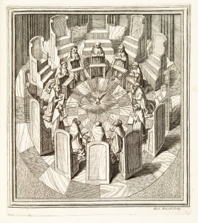 Kaksitoista Rotan tuomaria rukoilemassa pyöreässä salissa, joka ympäröi Pyhää Henkeä, pub. 1717 (kaiverrus) tekijältä Italian School