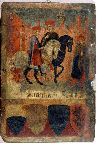 Kaksi verotarkastajaa. Biccherna (Sienan kaupungin kirjanpitorekisterin kansi). Kansallisarkisto - Museo delle Tavolette de Bicherna, Siena. 1400-luvun loppu - 1500-luvun alku. tekijältä Italian School