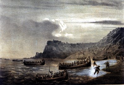 Italian yhdistyminen: Giuseppe Garibaldin (1807-1882) johtama Tuhannen tai punapaidan retkikunta. Ensimmäisen garibaldilaisen laivaston lähtö kohti Calabriaa Fort Stellasta. 1800-luvun litografia tekijältä Italian School