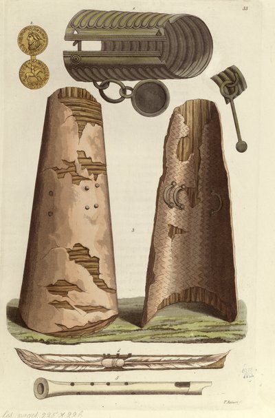 Erilaisia viikinkiesineet: pronssinen rannekoru, kultainen mitali riimukirjaimilla, kilvet, huilut. V. Rainerin kuvitus teoksesta "Le costume ancien ou moderne" J. Ferrario, Milano, n. 1820 (värillinen lito) tekijältä Italian School