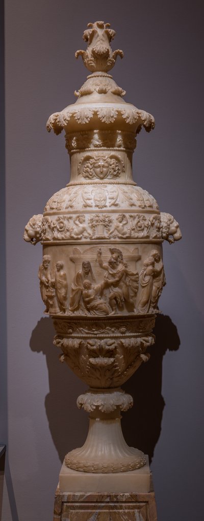 Maljakko, jossa on klassinen kohtaus: Polyxenan uhri, n. 1825 (alabasteri) tekijältä Italian School
