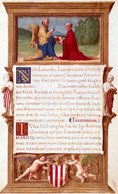 Venetsia: Doge Antonio Grimanin (1434-1523), San Marcon (Pyhä Markuksen) prokuraattorin komissio, 1500-luvun käsikirjoitussivu. Venetsia, Museo Correr tekijältä Italian School