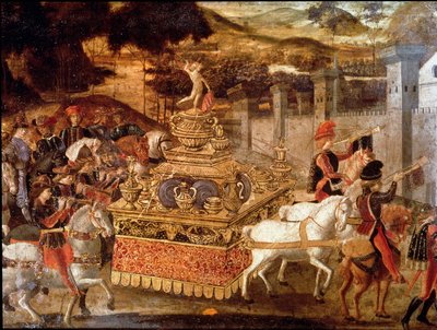 Lucius Aemilius Paulluksen tai makedonialaisen Paul Emilen (n. 230-160 eKr.) voitto Makedonian kuninkaan Perseestä Yksityiskohta kulkueesta ja voittovaunuista. 1400-luvun firenzeläisen koulukunnan maalaus. Pariisi, Musee Jacquemart Andre tekijältä Italian School