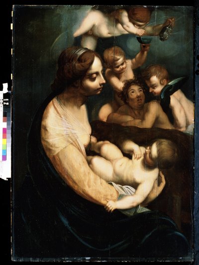 ""Madonna ja lapsi ja enkelit"" (Neitsyt ja lapsi enkelien kanssa) italialaista maalausta 1600-luvun alusta. Mihail Kroshitskyn taidemuseo, Sevastopol (Sevastopol) Ukraina tekijältä Italian School