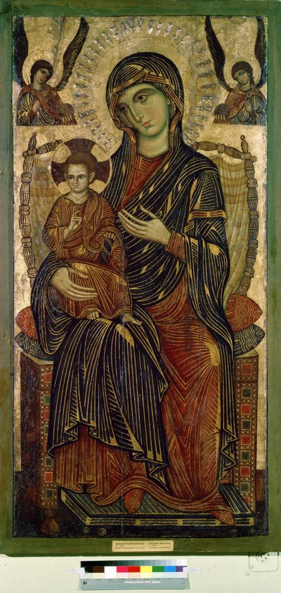 "Neitsyt ja lapsi valtaistuimella" (Neitsyt ja lapsi valtaistuimella) Jeesuksen Kristuksen sädekehä on merkitty ristillä. Pisalaisen taiteilijan anonyymi maalaus. Tempera puulla. noin 1280 Pushkin-museo, Moskova tekijältä Italian School