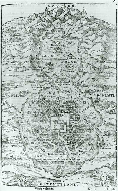 Näkymä atsteekkien Tenochtitlanin kaupungin pohjoispuolelta, Giovanni Battista Ramusio (1485-1557) Venetsiassa 1606 julkaistusta Relatione della Citta del Temistitanista tekijältä Italian School