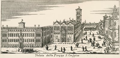 Näkymä Piazza San Crispinolle ja Ferraran katedraalille, kaiverrus, Italia tekijältä Italian School