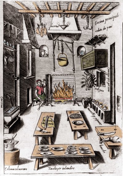 Näkymä keittiöstä. Kaiverrus ”Ooppera”, gastronomiaa käsittelevä kirja, joka on jaettu 6 osaan, Bartolomeo Scappi, paavi Pius V. Venetsian henkilökohtainen kokki tekijältä Italian School